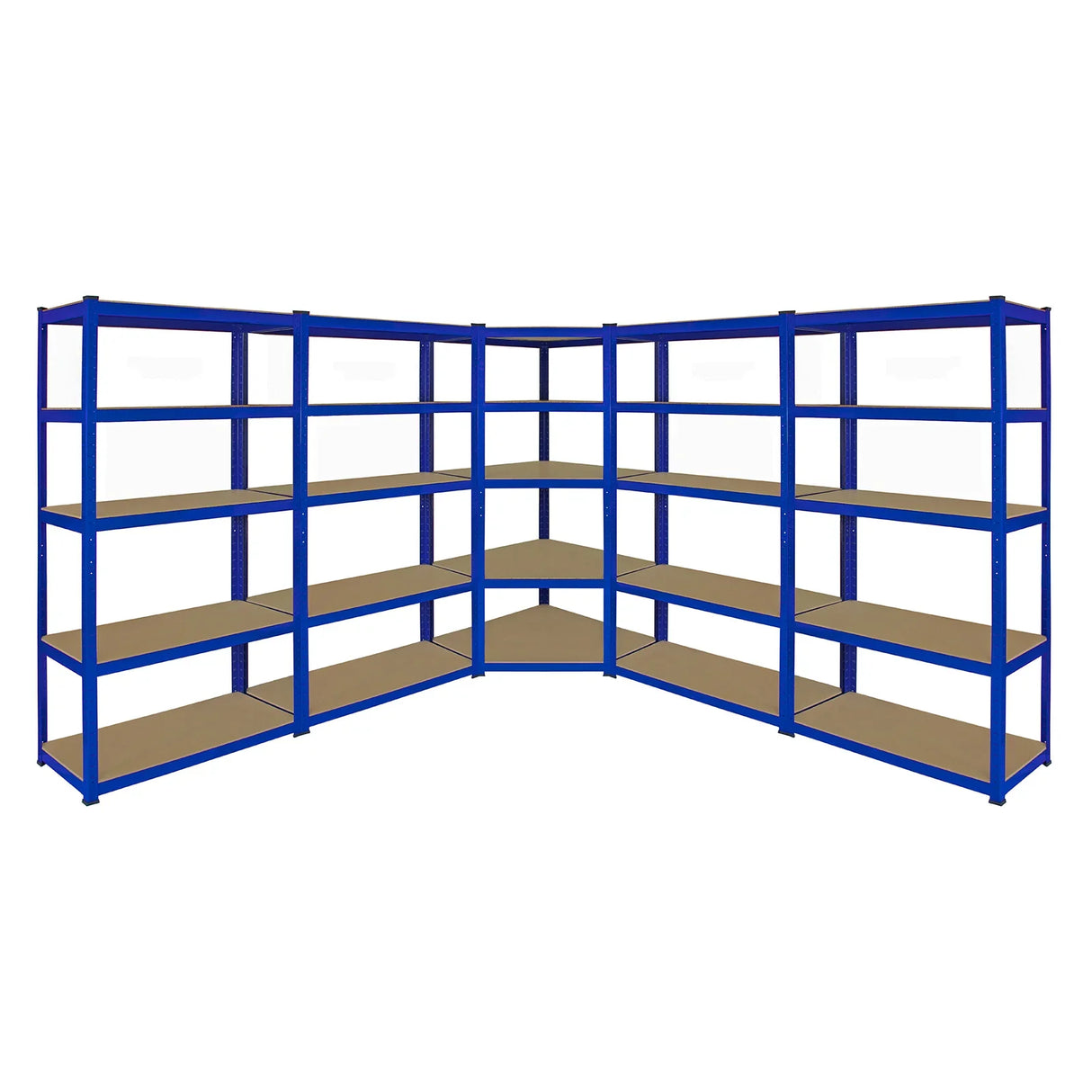 Blue Monster Racking T-Rax corner shelving unit with four 90cm garage storage bays, featuring sturdy metal frame and wooden shelves