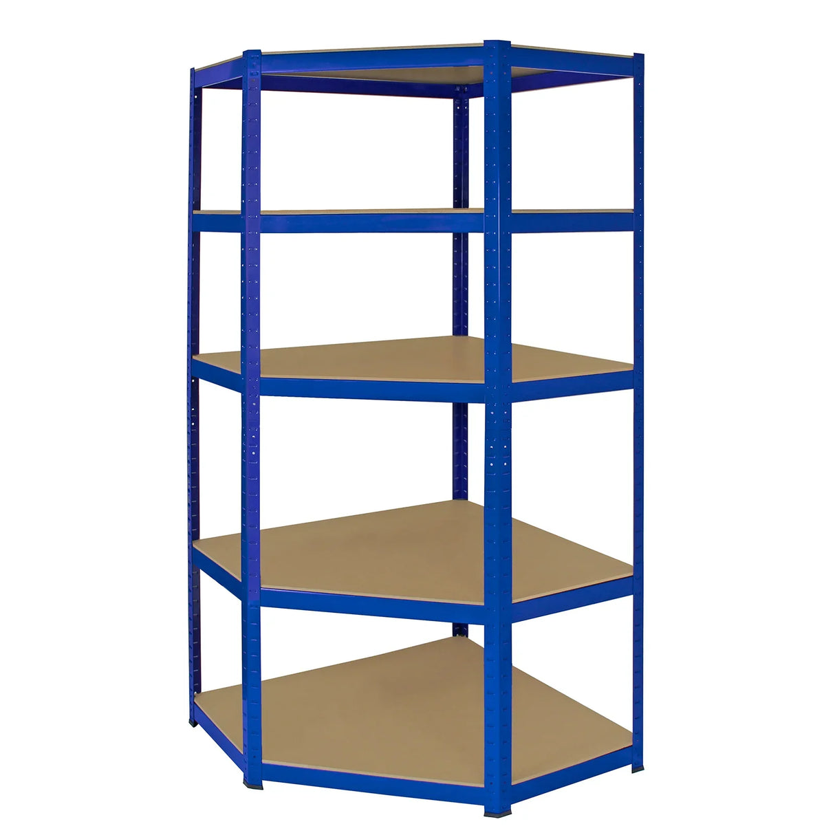 Blue Monster Racking T-Rax corner storage shelf unit with four sturdy beige shelves, 90cm wide, ideal for maximizing space