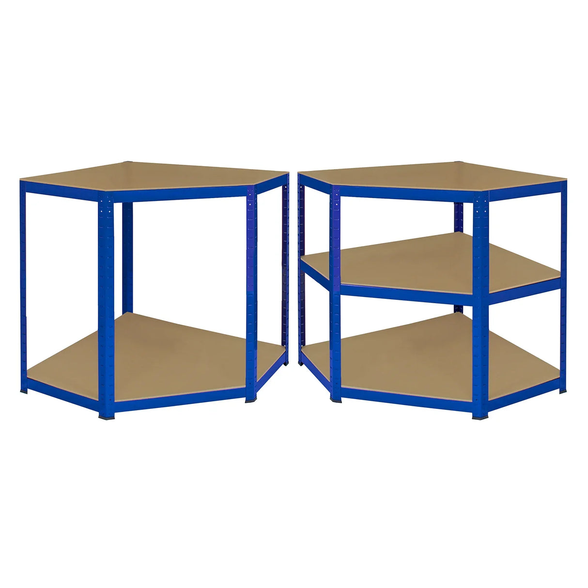 Blue Monster Racking T-Rax corner shelving unit featuring two 90cm garage storage bays with sturdy brown shelves and a sleek design