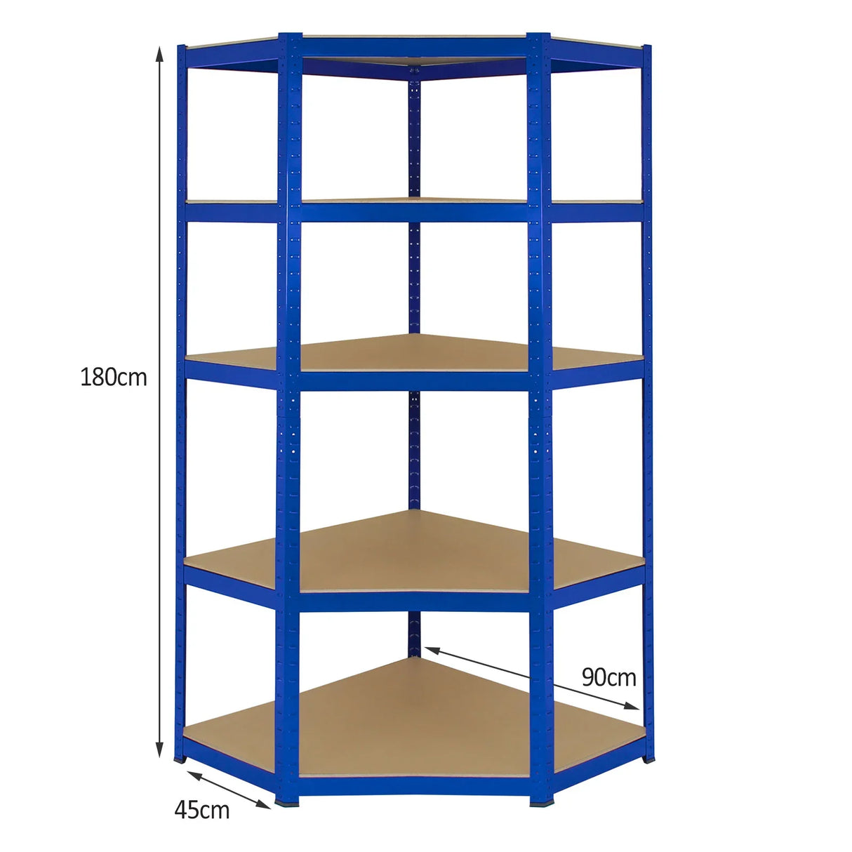 Blue Monster Racking T-Rax corner storage shelf unit, 90cm wide, featuring five sturdy shelves and a height of 180cm, ideal for organizing items