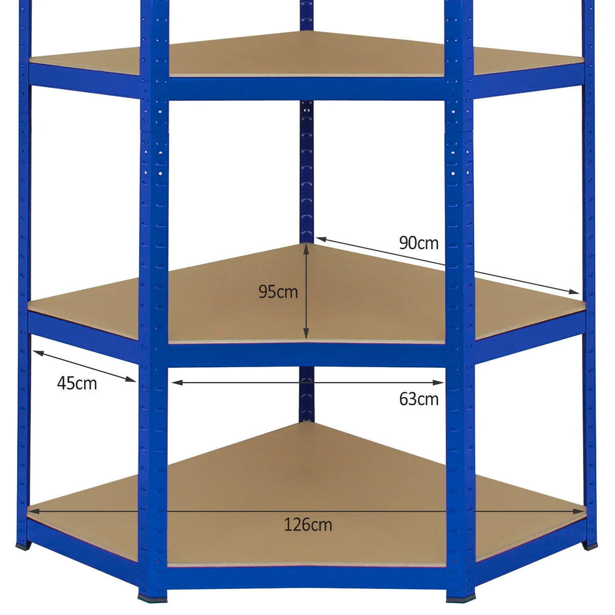 Blue Monster Racking T-Rax corner storage shelf unit with three sturdy, textured shelves, measuring 90cm wide and 126cm deep