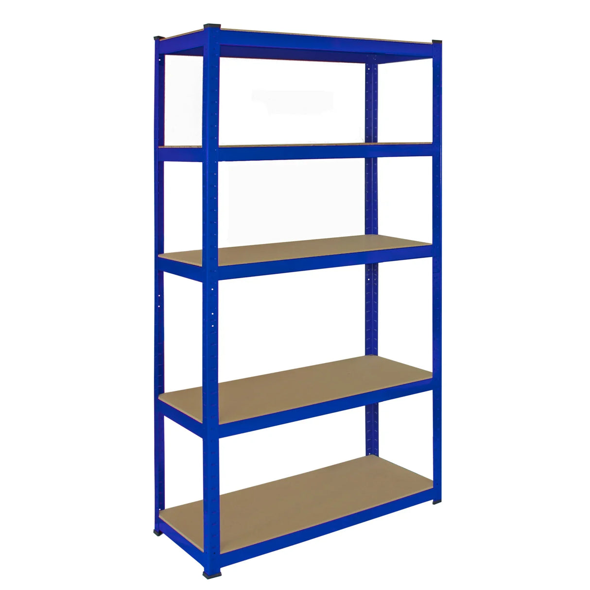Blue Monster Racking T-Rax corner shelving unit with five sturdy shelves, ideal for garage storage and organization