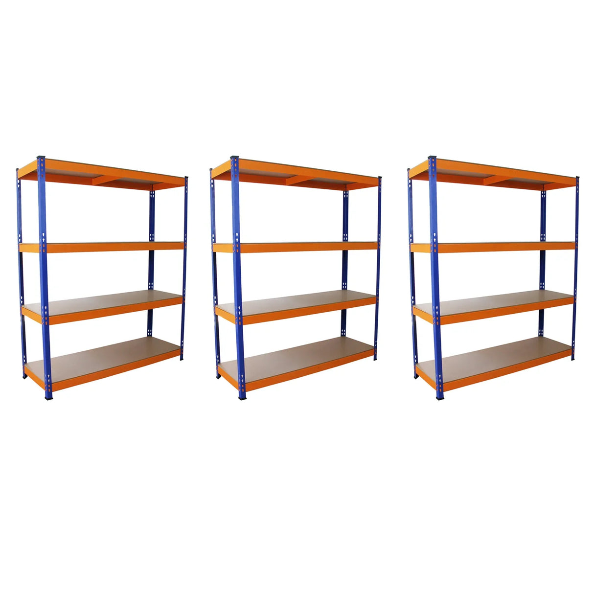 Three sturdy S-Rax racking units, each 150cm x 50cm, featuring blue metal frames and orange shelves, ideal for storage solutions