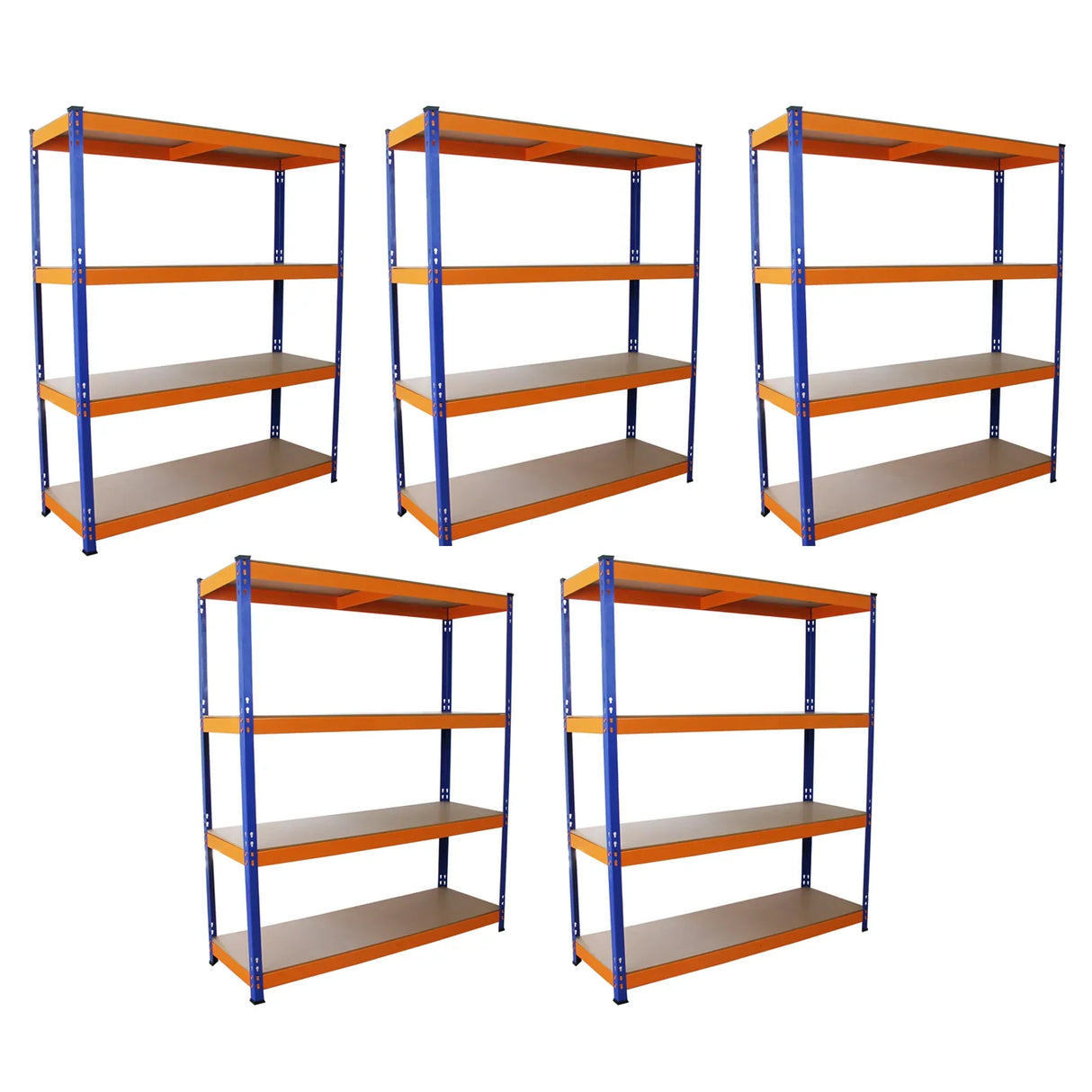 Five sturdy S-Rax racking units, each 150cm x 50cm, featuring blue metal frames and orange shelves, ideal for storage solutions
