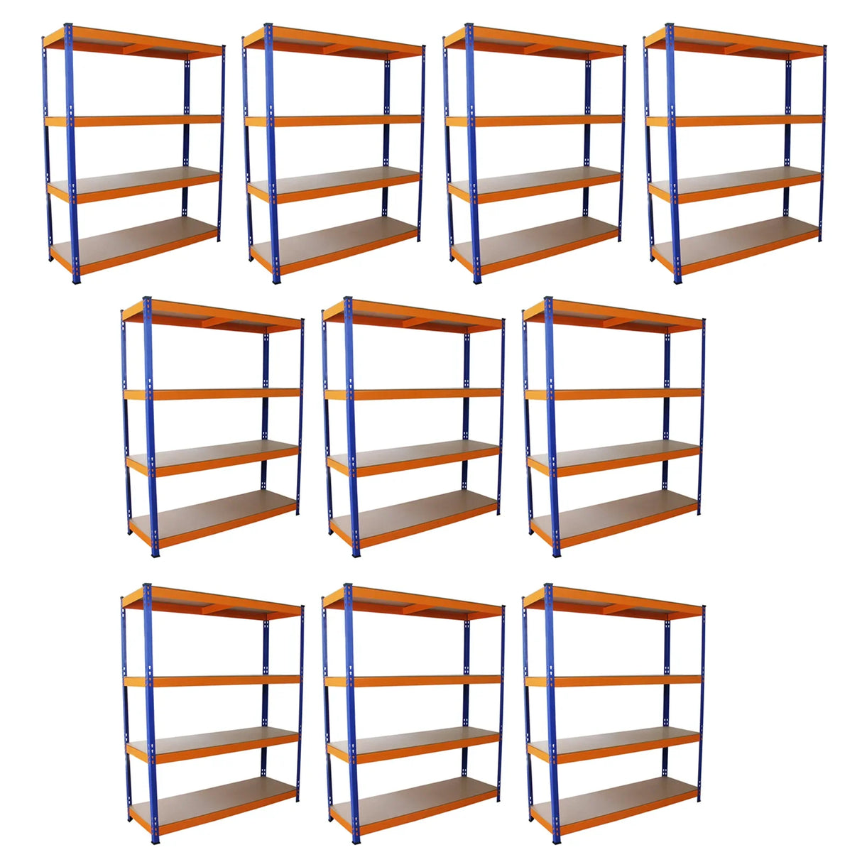 Ten sturdy S-Rax racking units, 150cm x 50cm, featuring orange shelves and blue metal frames, ideal for storage solutions