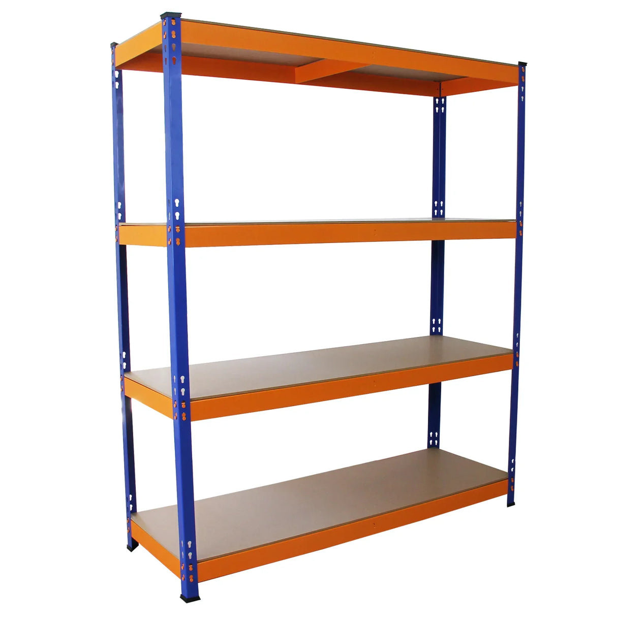 5 x S-Rax racking unit with blue metal frame and orange shelves, measuring 150cm x 50cm, ideal for storage and organization