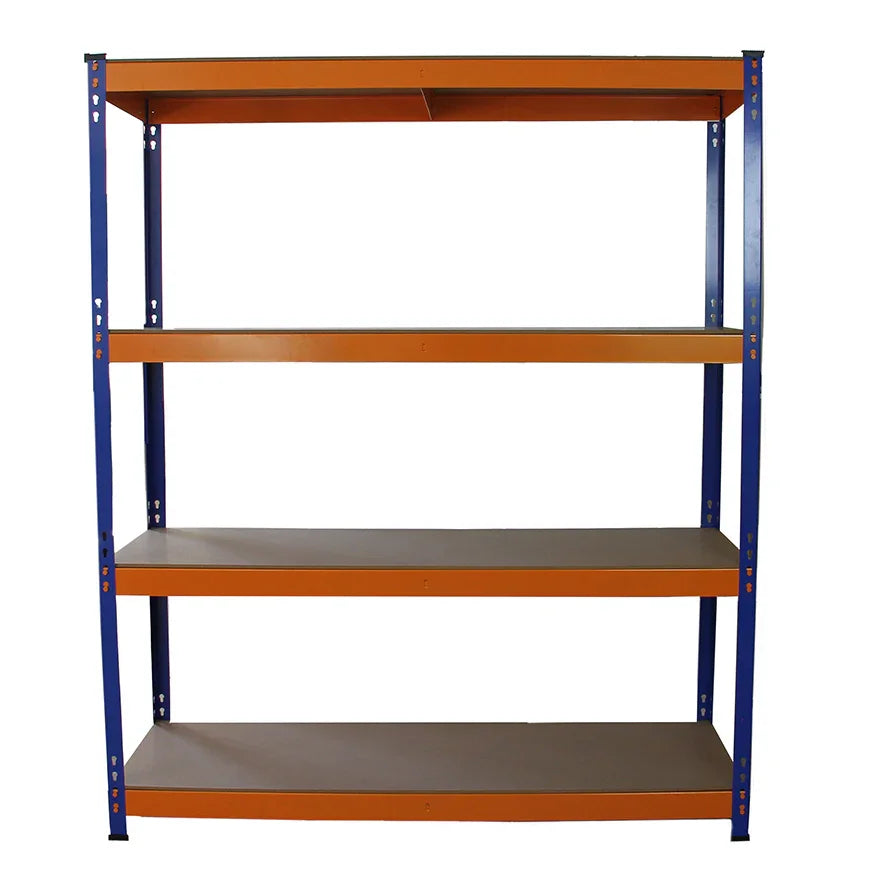 Sturdy S-Rax racking unit in blue and orange, featuring four spacious shelves, ideal for storage and organization in various settings