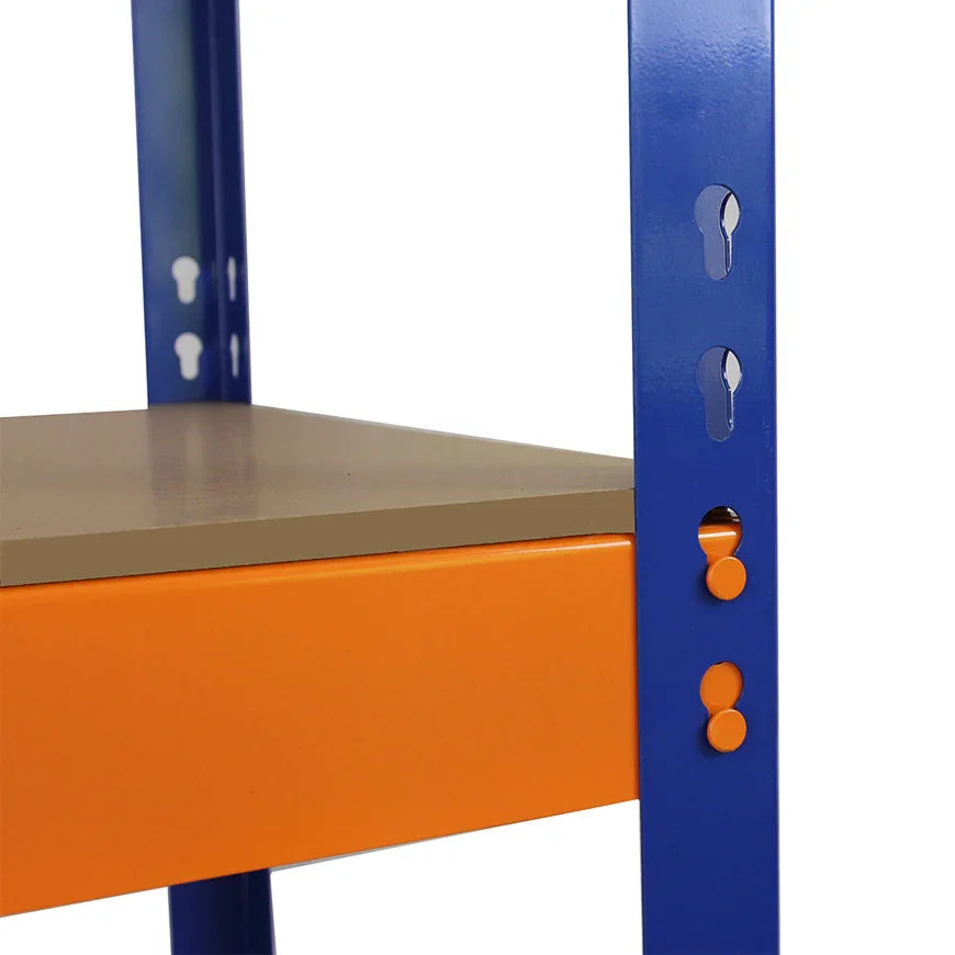 Blue and orange Monster Racking S-Rax warehouse shelving unit, featuring a sturdy design with a wooden shelf and adjustable height options
