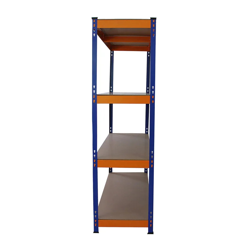 Sturdy 150cm x 50cm S-Rax racking unit with four shelves, featuring a blue frame and orange shelves, ideal for storage solutions