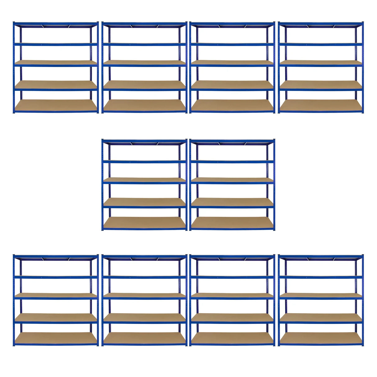 Extra wide blue storage shelves with five sturdy wooden shelves, measuring 160cm W and 60cm D, ideal for organizing items
