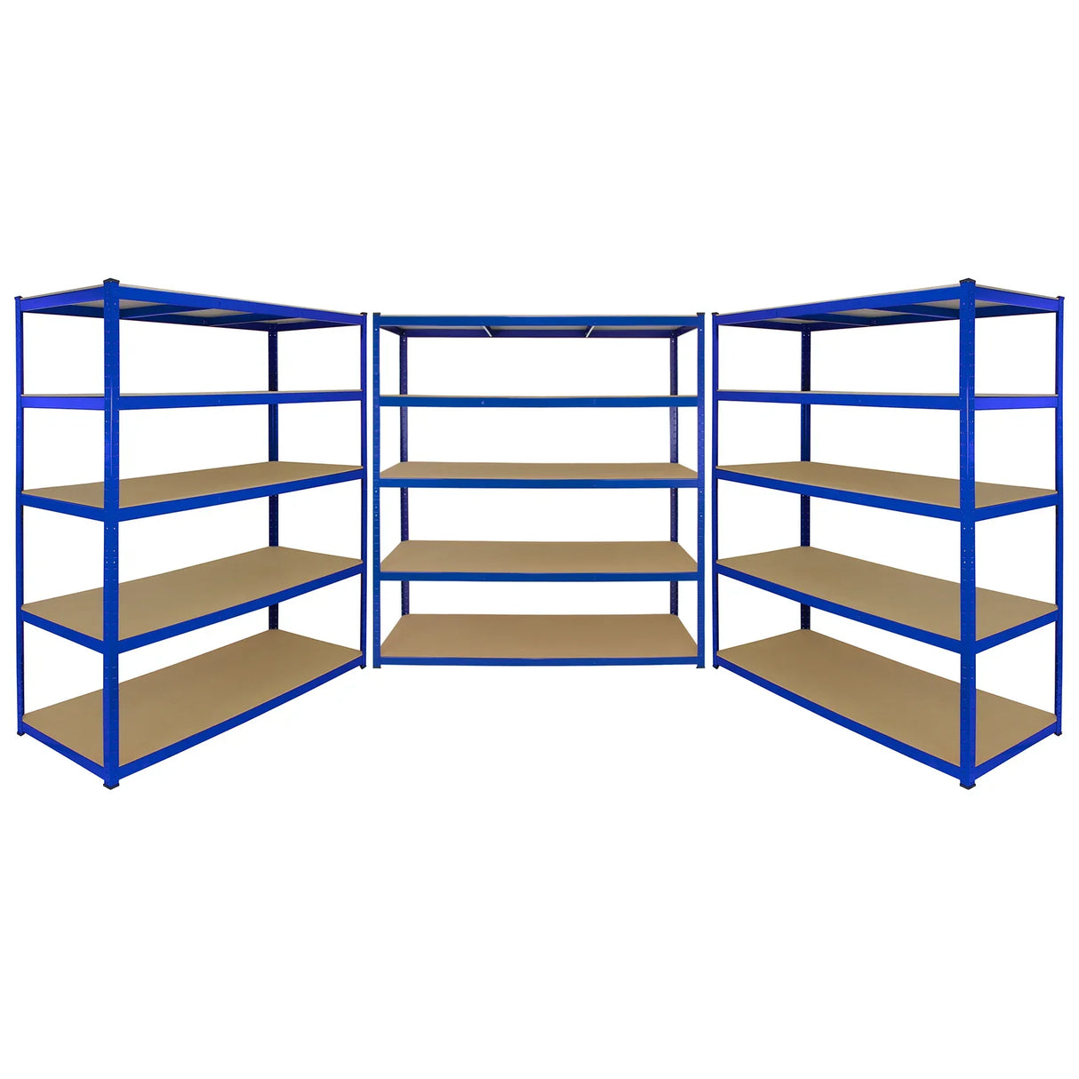 Extra wide blue storage shelves with sturdy metal frame and five spacious, smooth wooden shelves, ideal for organizing items