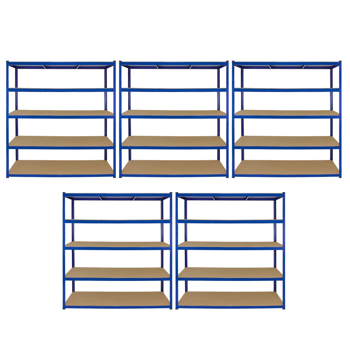 Extra wide blue storage shelves with five levels, sturdy metal frame, and wooden shelves, ideal for organizing large items