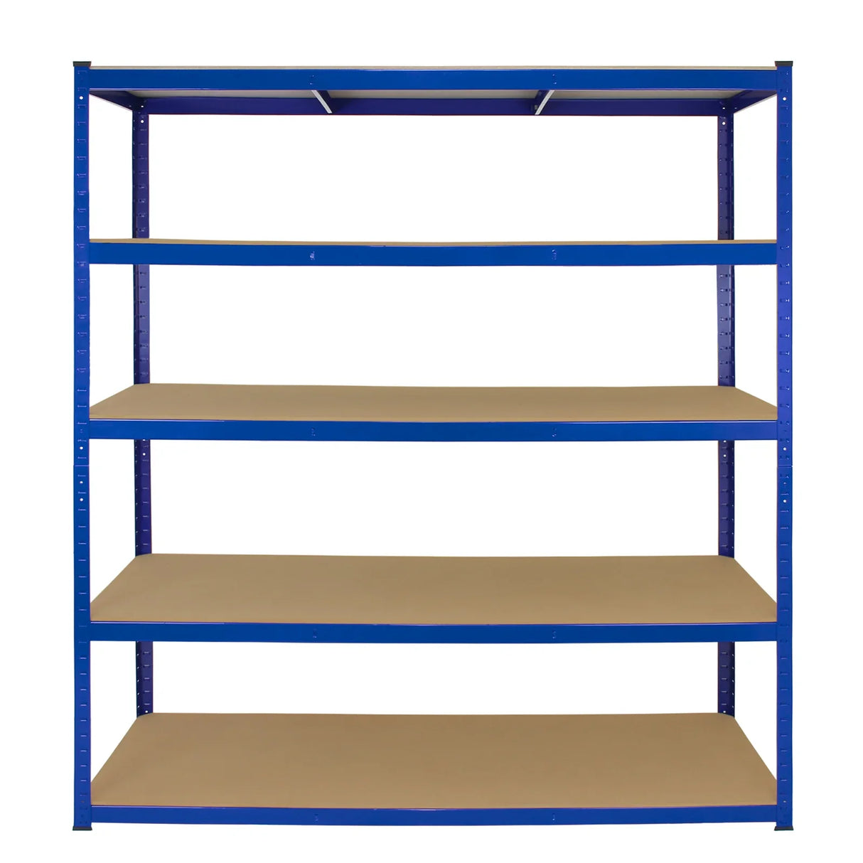 Extra wide blue storage shelves with five sturdy brown shelves, measuring 160cm W and 60cm D, ideal for organizing items