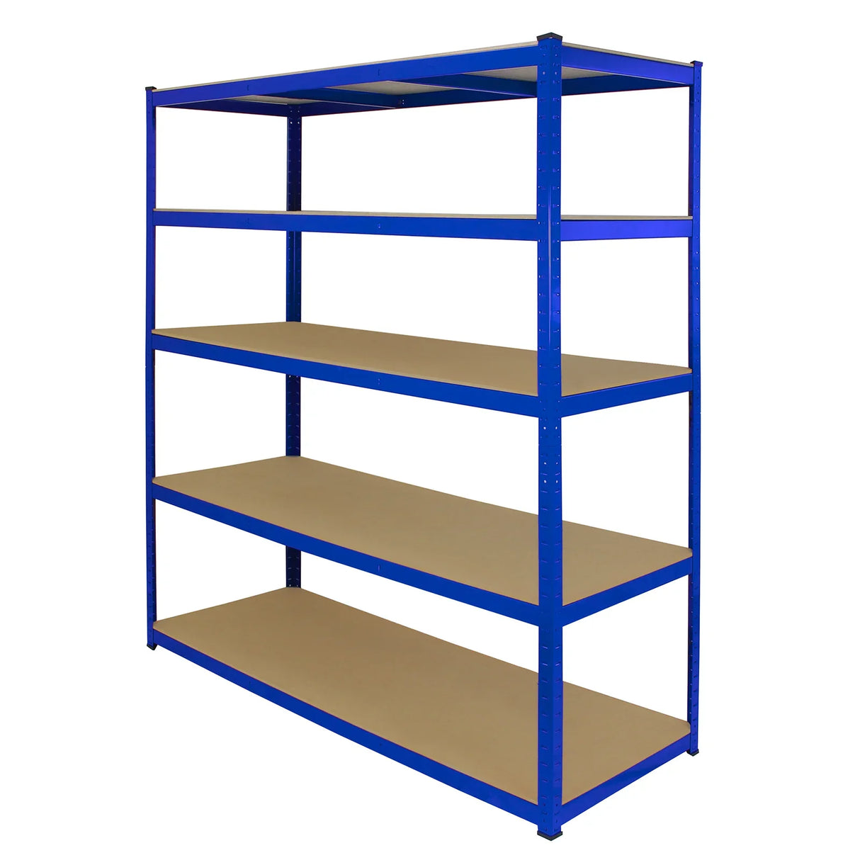 Extra wide blue storage shelves with five sturdy levels, measuring 160cm W and 60cm D, ideal for organizing various items