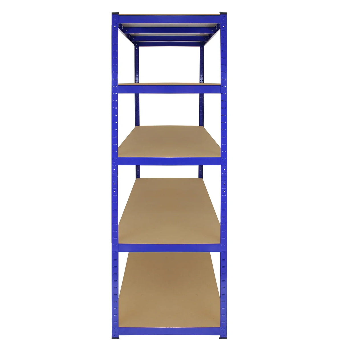 Extra wide blue Monster Racking T-Rax storage shelves with five sturdy, smooth, beige shelves, ideal for organizing items in various spaces