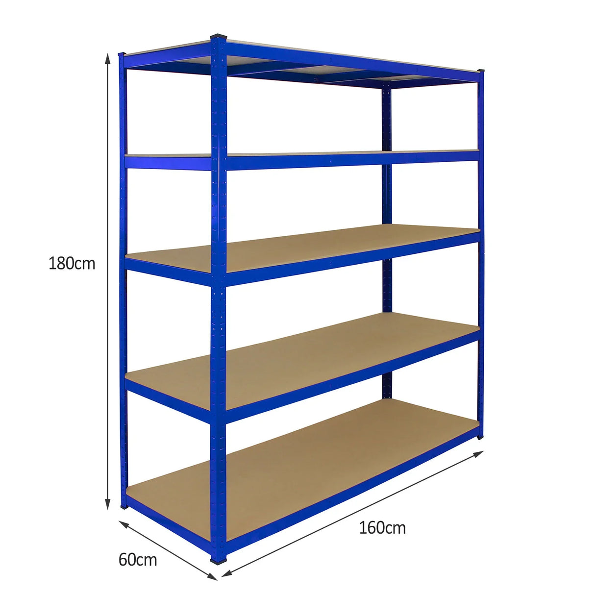 Extra wide blue storage shelves with four sturdy MDF shelves, measuring 160cm W x 60cm D x 180cm H, ideal for organizing items
