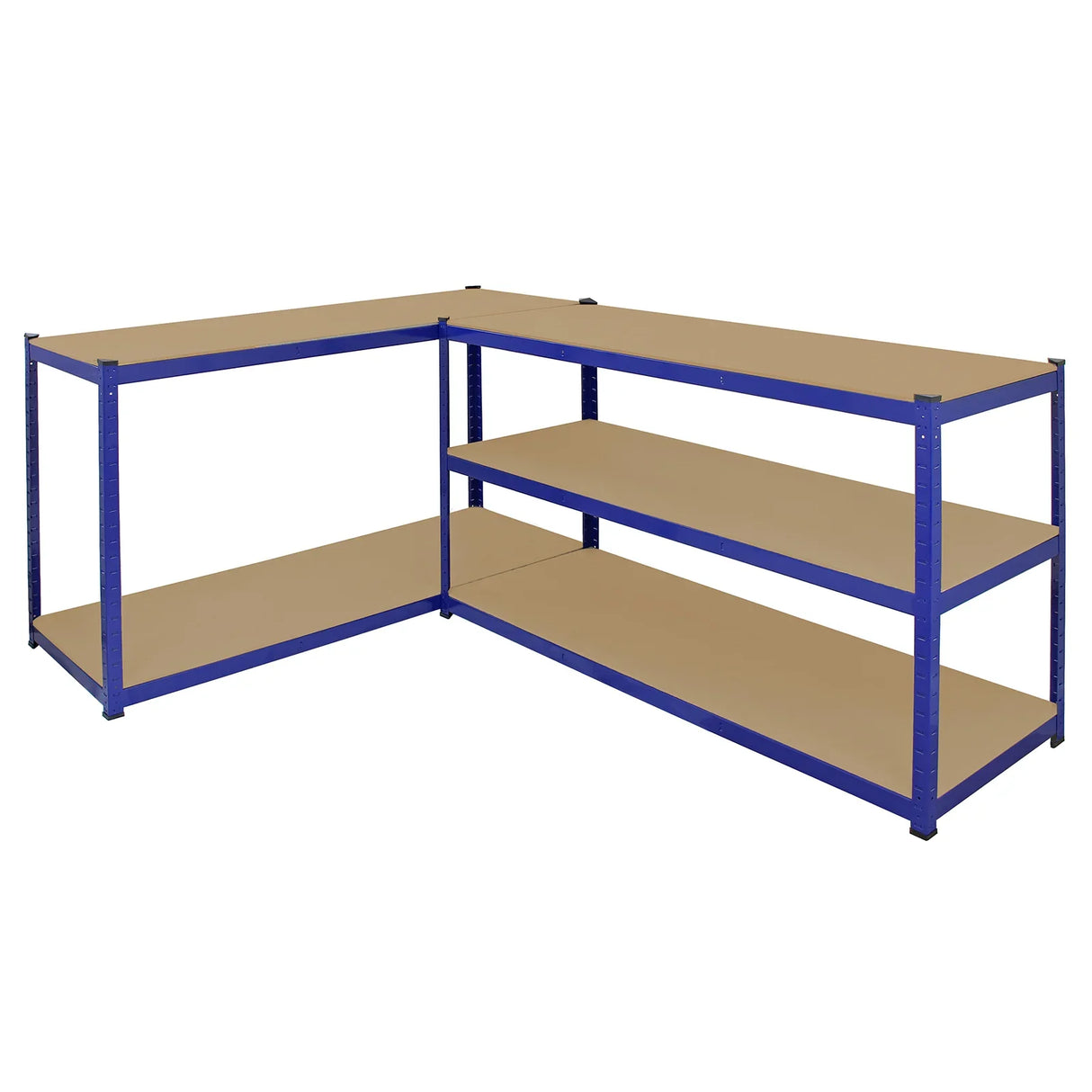 Extra wide Monster Racking T-Rax storage shelves in blue, featuring sturdy metal frame and three spacious, smooth wooden shelves