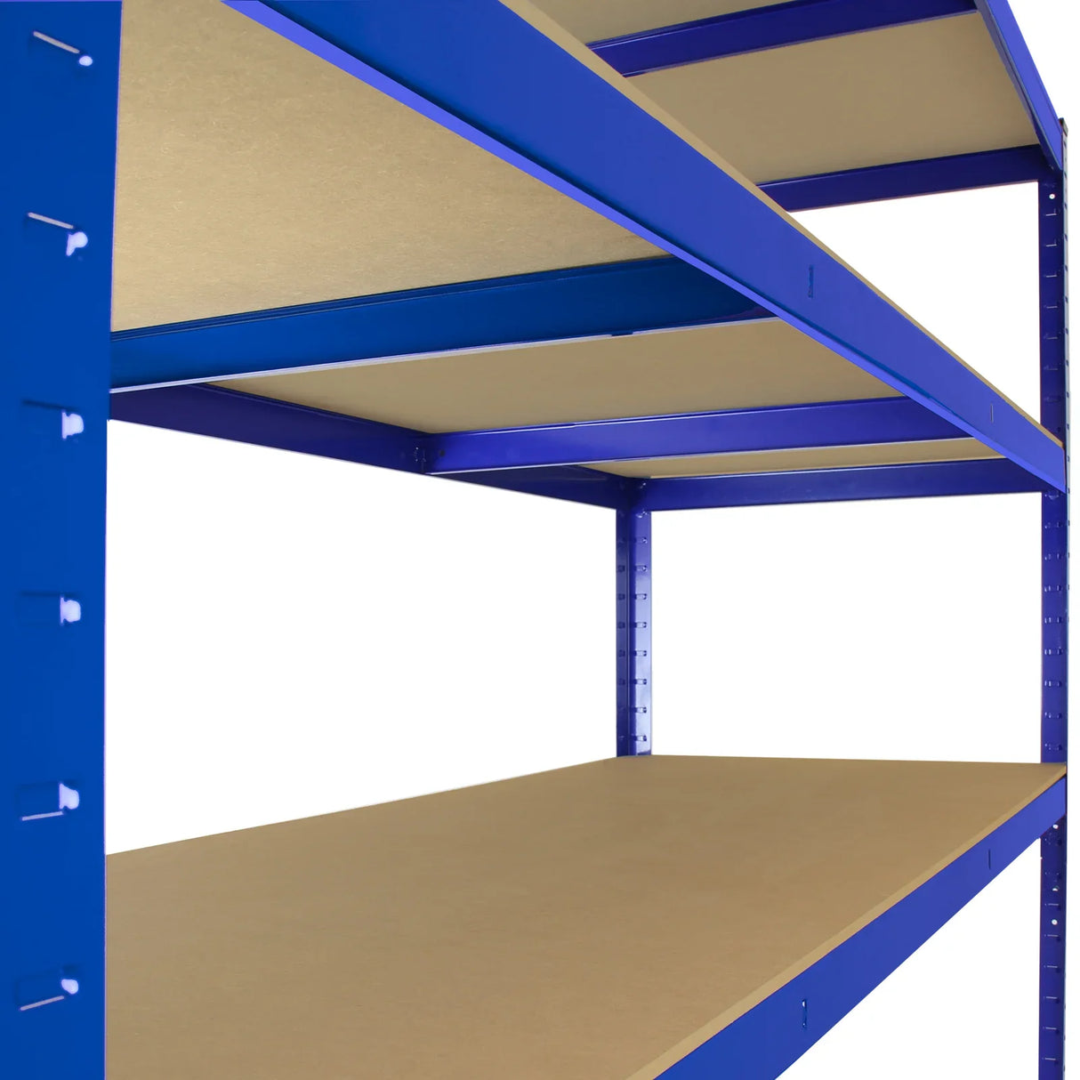 Extra wide blue Monster Racking T-Rax storage shelves with sturdy metal frame and smooth, light-colored MDF shelves, ideal for organization