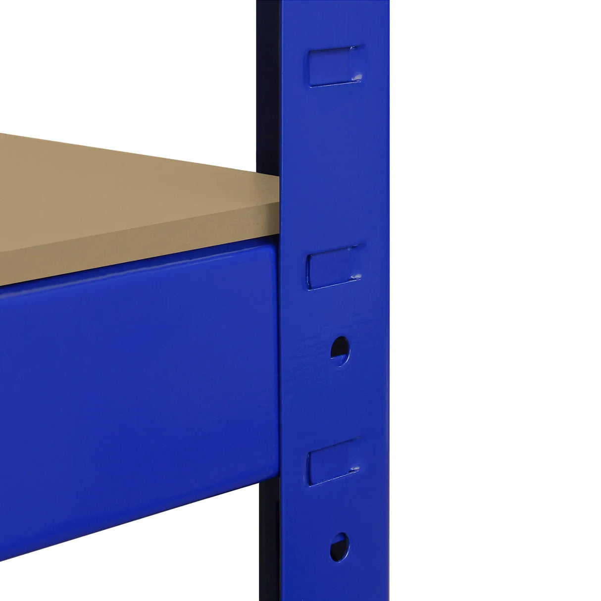 Extra wide blue storage shelf with a sturdy metal frame and a smooth beige top, designed for heavy-duty organization and durability