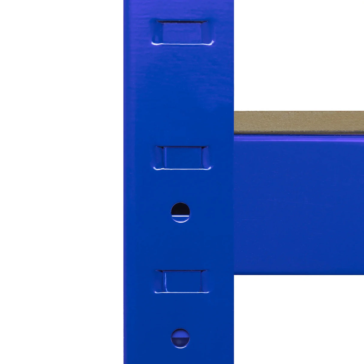 Close-up of blue metal frame of Monster Racking T-Rax extra wide storage shelves, showcasing sturdy construction and adjustable height options