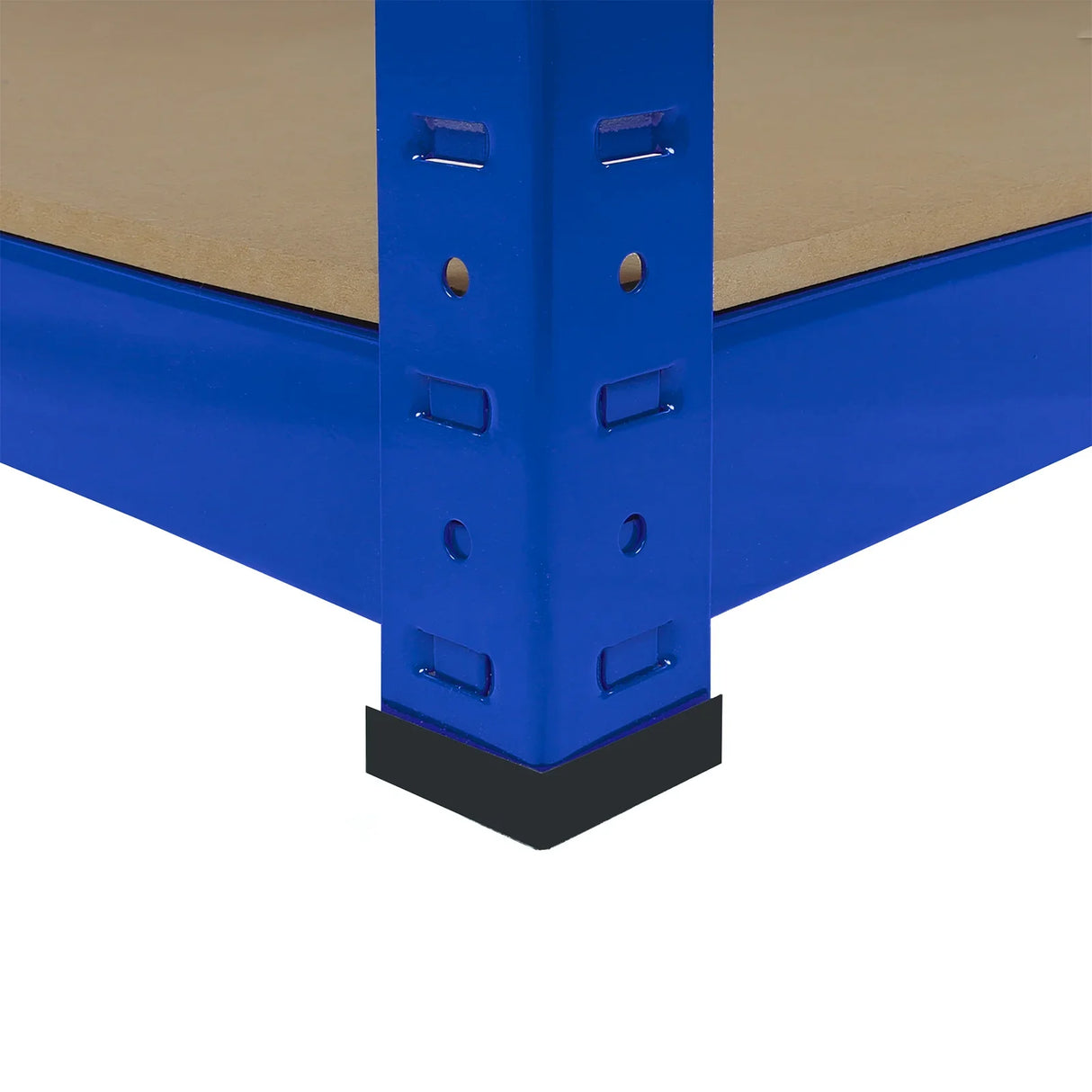 Blue metal frame of the Monster Racking T-Rax storage shelf, showcasing sturdy construction and a smooth wooden shelf surface