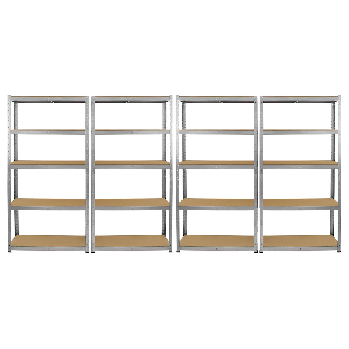 Galvanised steel shelving unit with four shelves, 90cm wide, featuring a sturdy frame and smooth wooden surfaces for storage