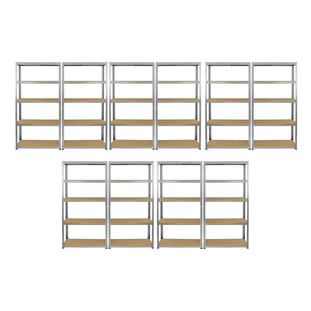 Galvanised steel shelves in a sturdy, modular design, featuring five tiers and a sleek silver finish, ideal for storage solutions