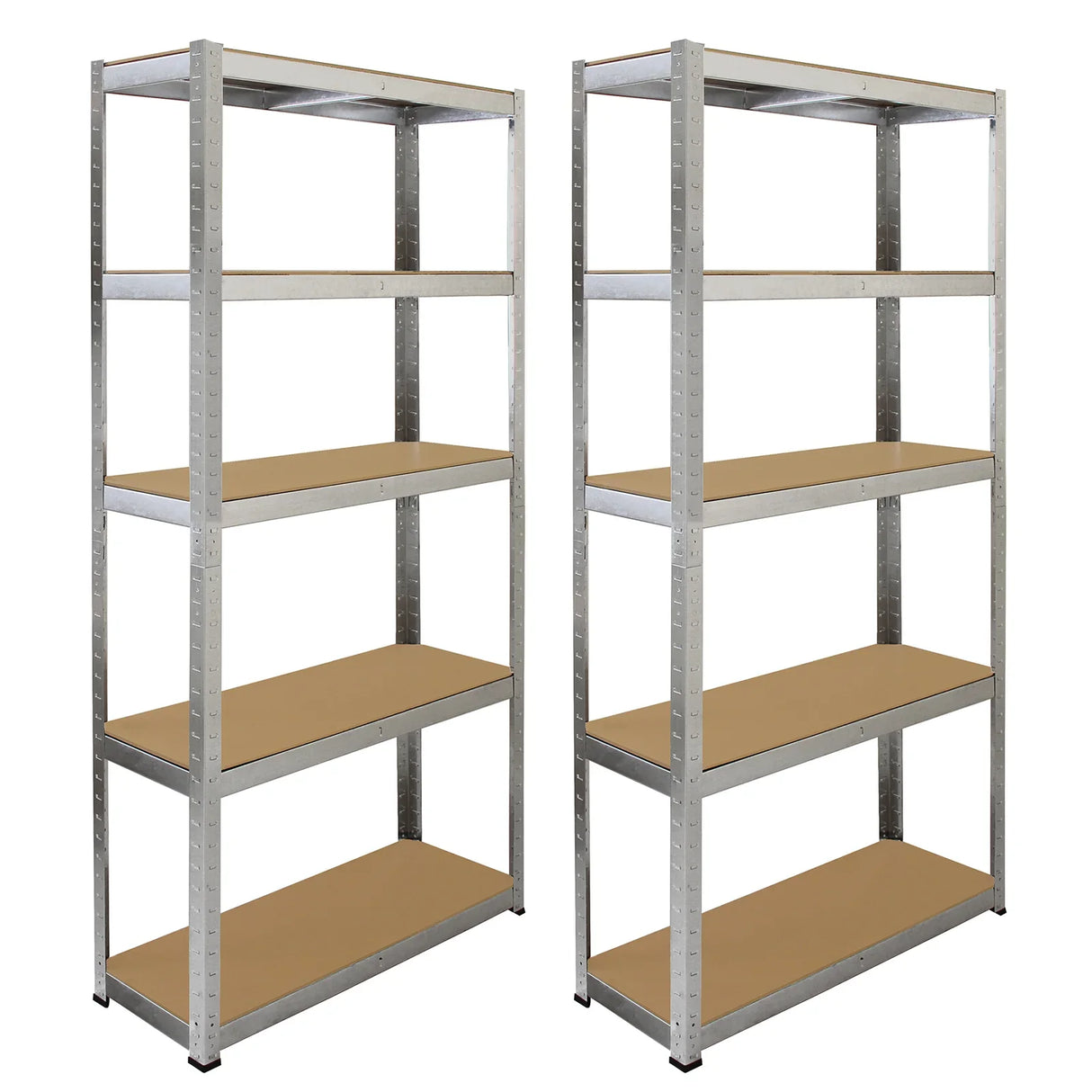 Galvanised steel shelving unit featuring two 90cm wide shelves with a sturdy design and smooth wood-like surfaces for storage