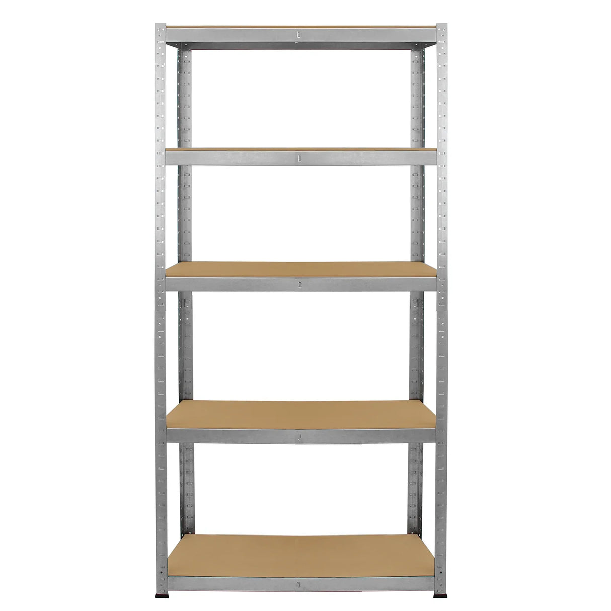 Galvanised steel shelving unit with five sturdy shelves, 90cm wide, featuring a sleek metallic finish and wooden shelf surfaces