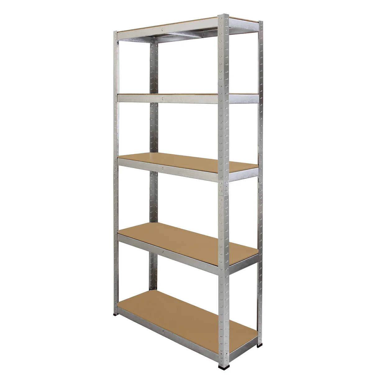 Galvanised steel shelving unit with four sturdy shelves, 90cm wide, featuring a sleek metallic finish and durable wooden surfaces