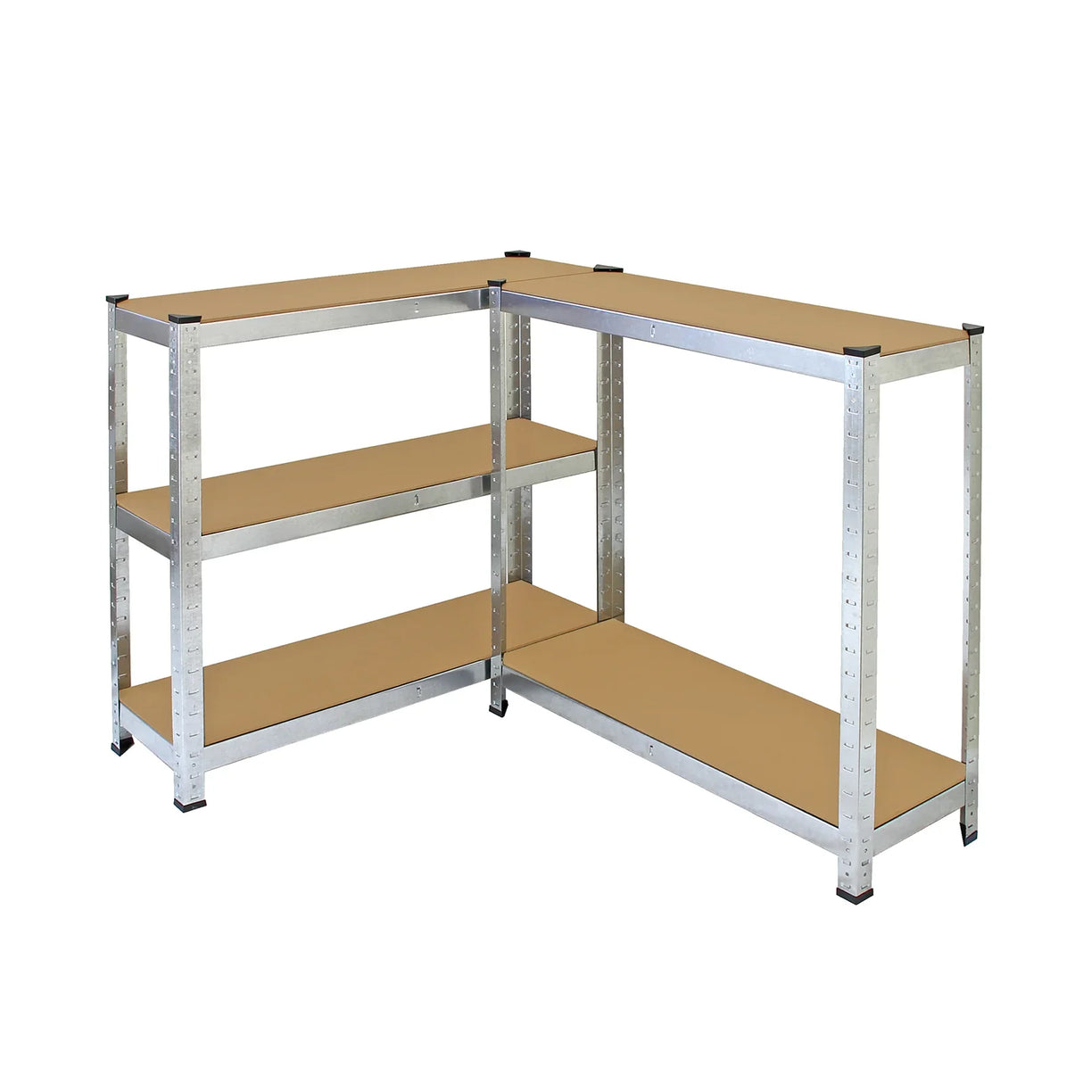 Galvanised steel shelving unit with two 90cm wide shelves, featuring a sturdy frame and smooth, light brown wooden surfaces