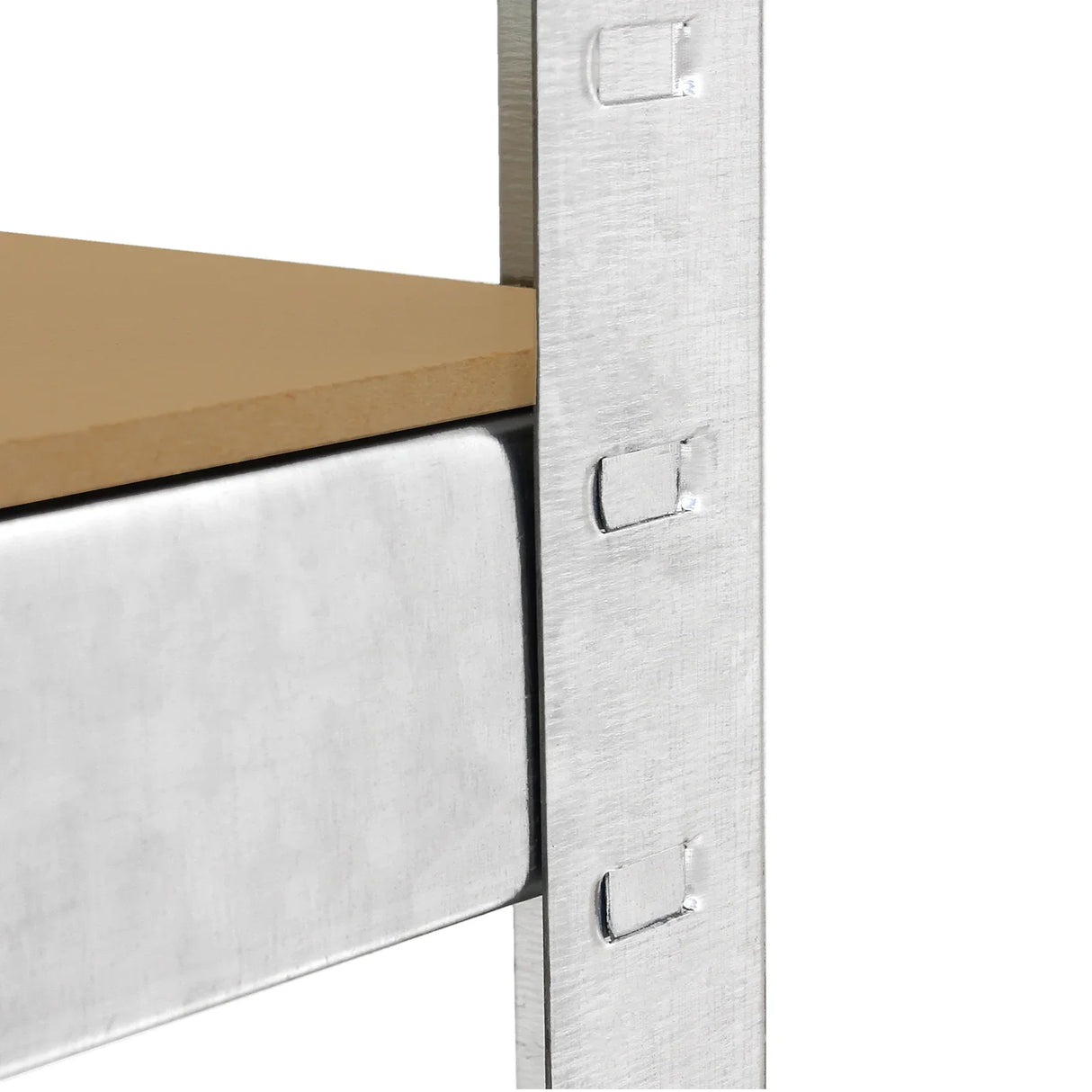 Galvanised steel shelf with a smooth metallic finish and sturdy wooden top, showcasing durability and modern design for storage solutions