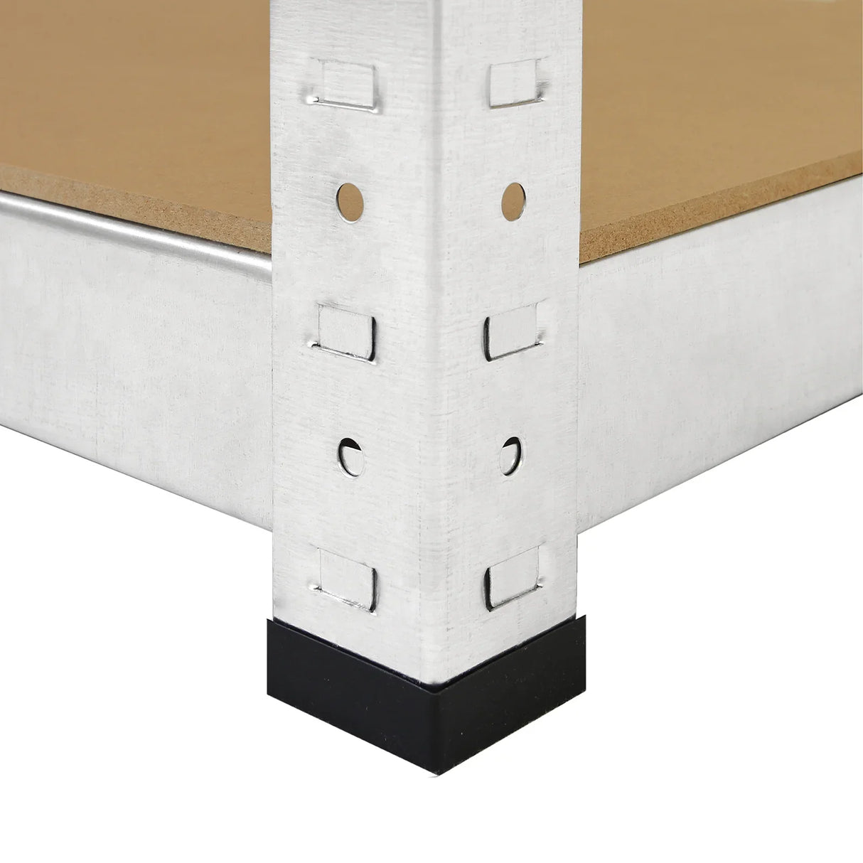 Galvanised steel shelving unit corner with sturdy metal frame, smooth wood shelf surface, and protective rubber feet for stability