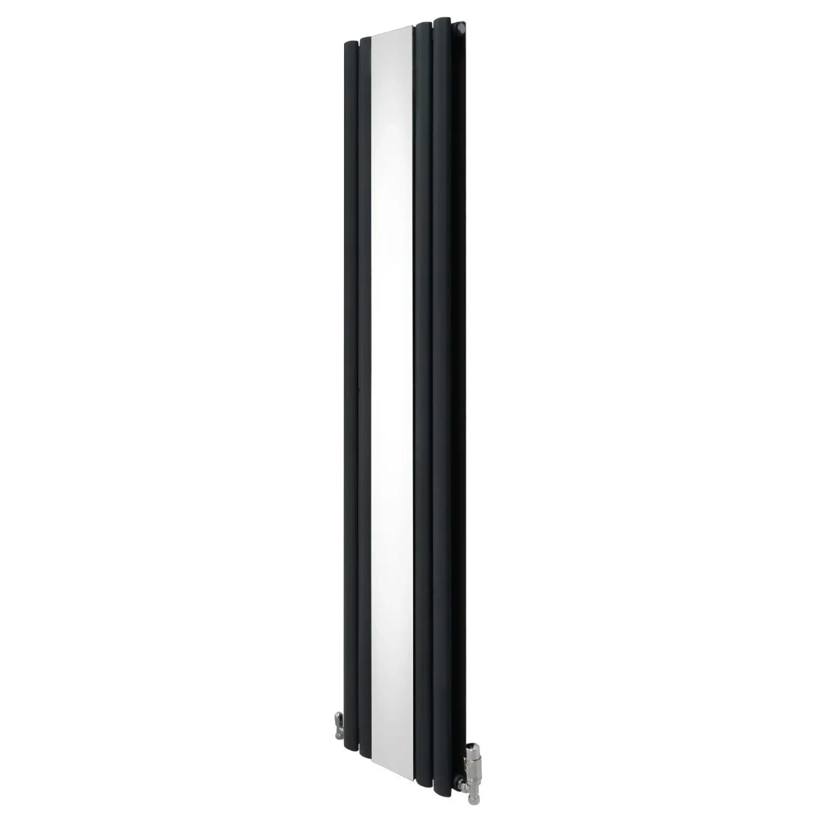 Oval mirror radiator in anthracite grey, measuring 1800mm x 380mm, featuring a sleek, modern design with a smooth finish and integrated valves