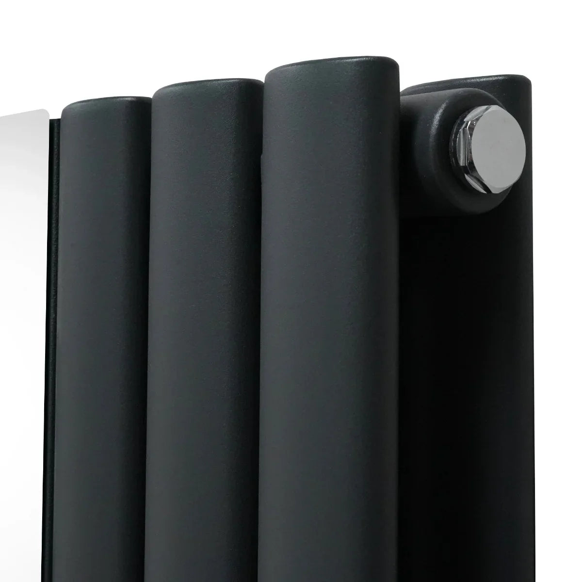 Anthracite grey oval mirror radiator with smooth, rounded edges and chrome valve, showcasing a modern, sleek design