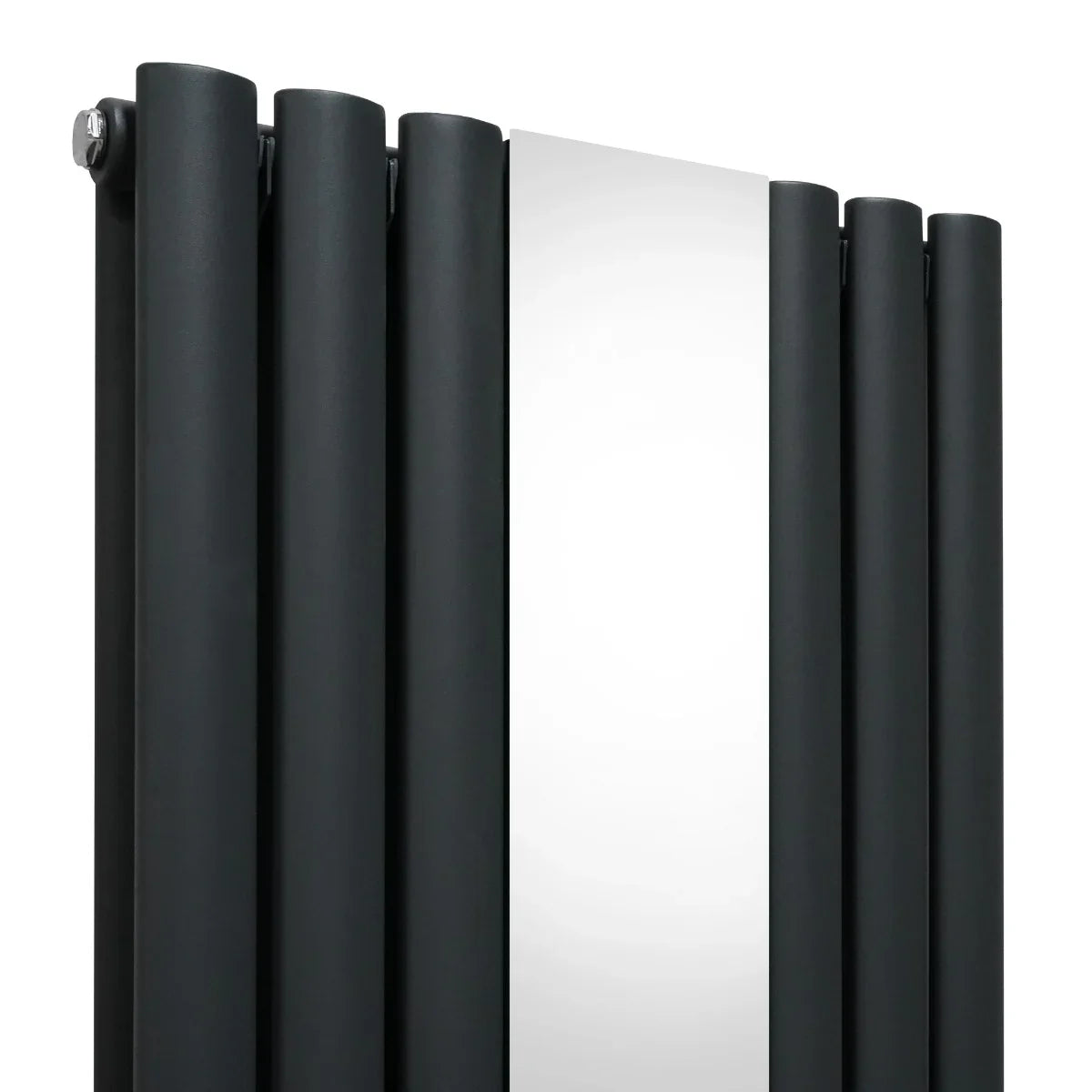 Oval mirror radiator in anthracite grey, featuring sleek cylindrical tubes and a reflective surface, measuring 1800mm x 380mm