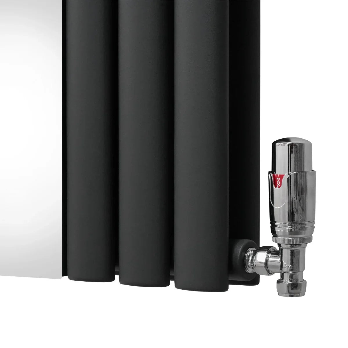 Oval mirror radiator in anthracite grey, featuring sleek, rounded edges and a polished chrome valve for modern elegance