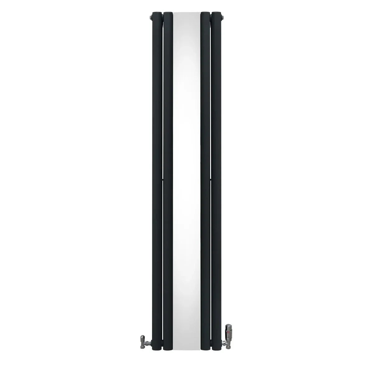 Oval mirror radiator in anthracite grey, 1800mm x 380mm, featuring sleek vertical lines and modern valve design for stylish heating
