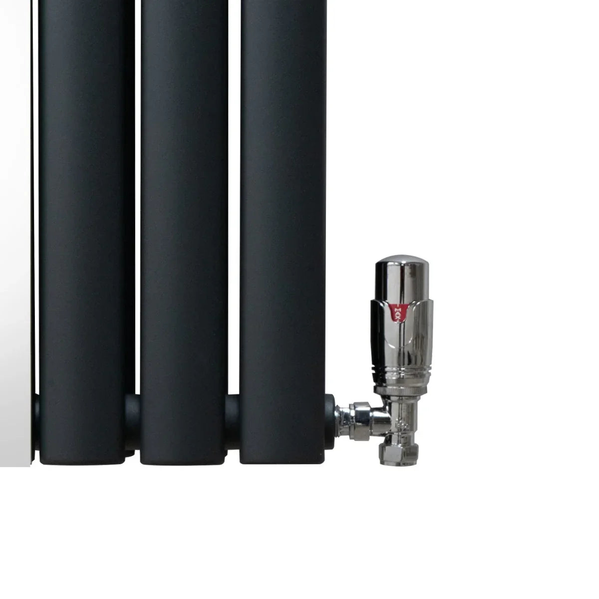 Oval mirror radiator in anthracite grey, 1800mm x 380mm, featuring sleek vertical panels and a polished valve for modern decor