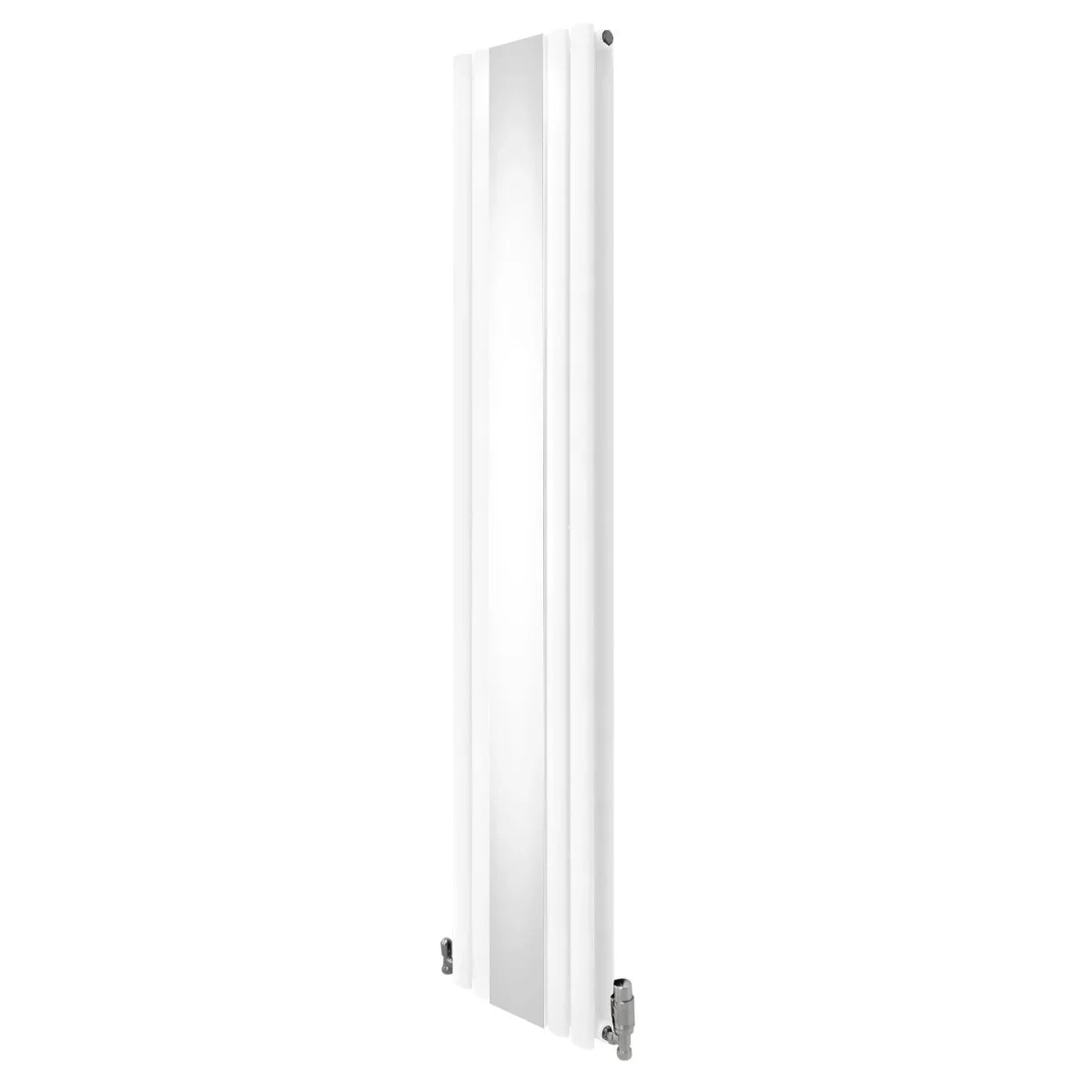 Sleek white oval mirror radiator with a modern design, measuring 1800mm x 380mm, featuring polished chrome valves and a smooth finish
