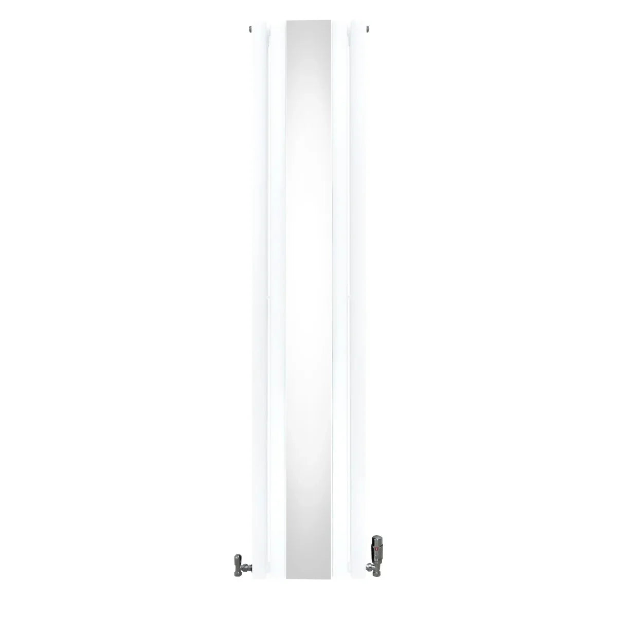 Sleek white oval mirror radiator with valves, measuring 1800mm x 380mm, featuring a smooth, modern design ideal for contemporary spaces