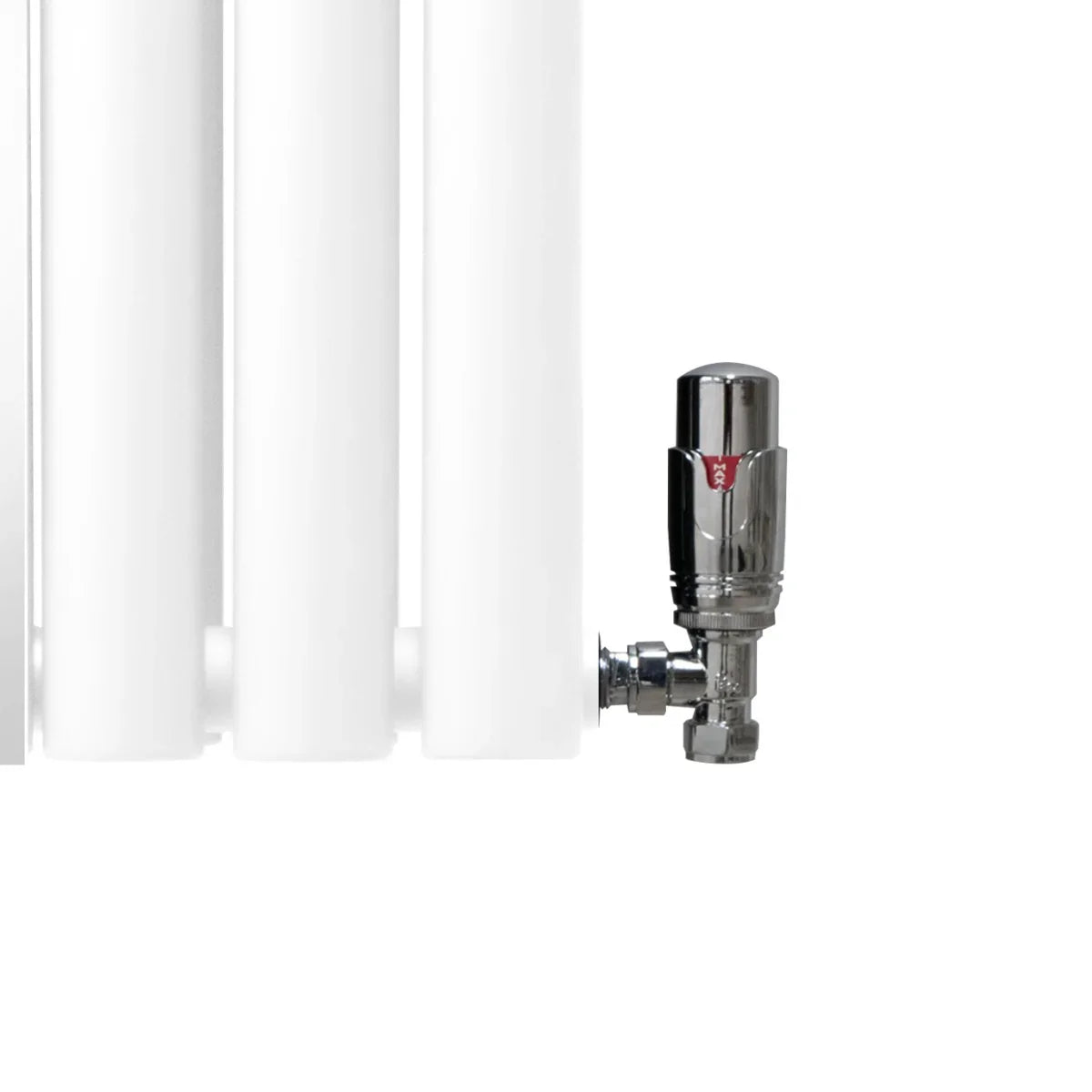Oval mirror radiator in white, 1800mm x 380mm, featuring sleek vertical panels and a polished chrome valve for modern decor