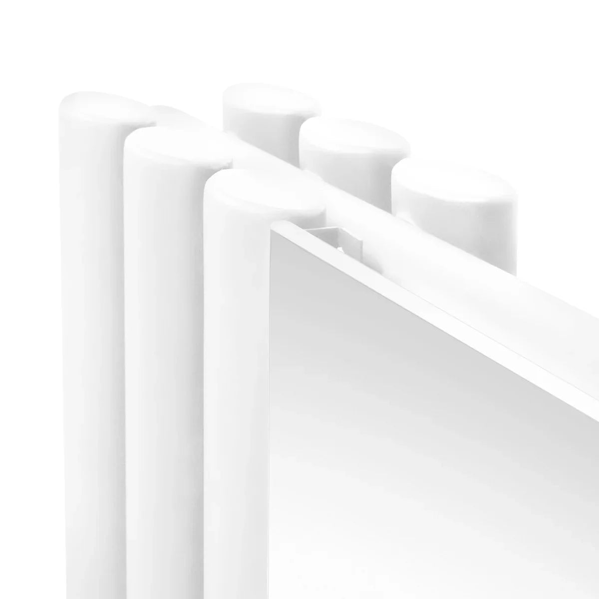 Sleek white oval mirror radiator with rounded edges, measuring 1800mm x 380mm, showcasing modern design and smooth texture