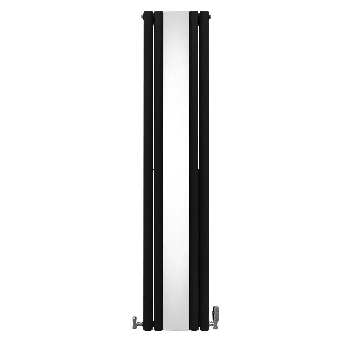 Sleek black oval mirror radiator with vertical design, measuring 1800mm x 380mm, featuring modern valves for efficient heating