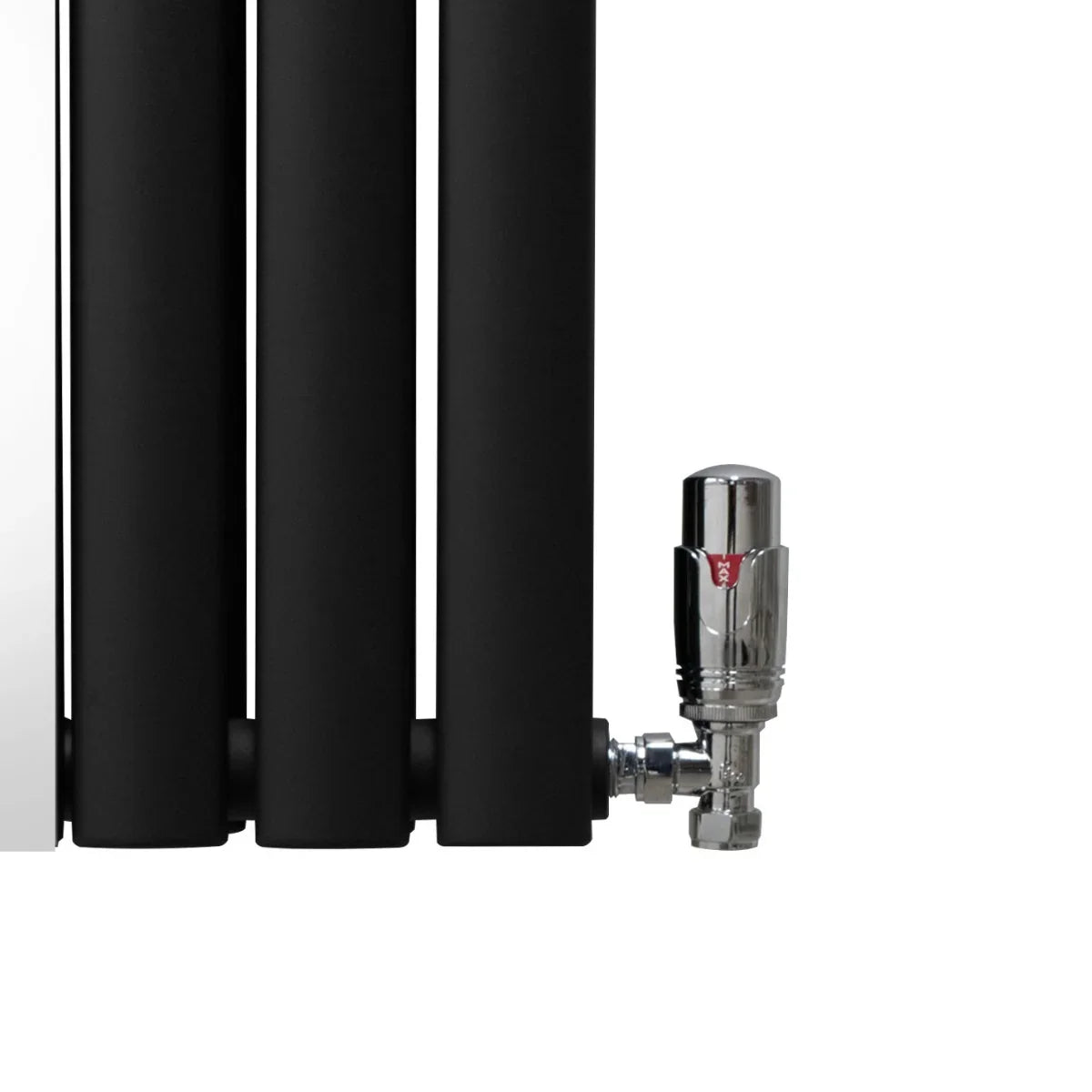 Black oval mirror radiator with sleek vertical bars, chrome valve, and modern design, measuring 1800mm x 380mm