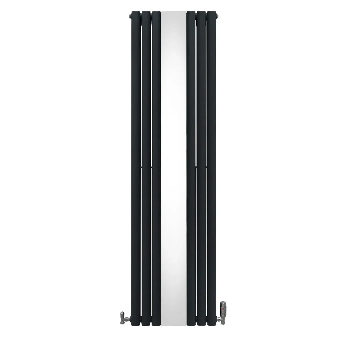 Oval mirror radiator in anthracite grey, 1800mm x 500mm, featuring sleek, elongated tubes and modern valve design for stylish heating