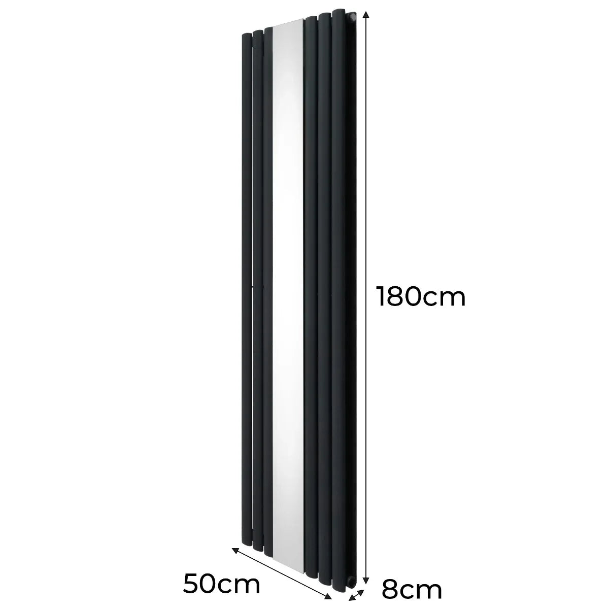 Oval mirror radiator in anthracite grey, 1800mm x 500mm, featuring sleek vertical lines and a modern design for contemporary spaces