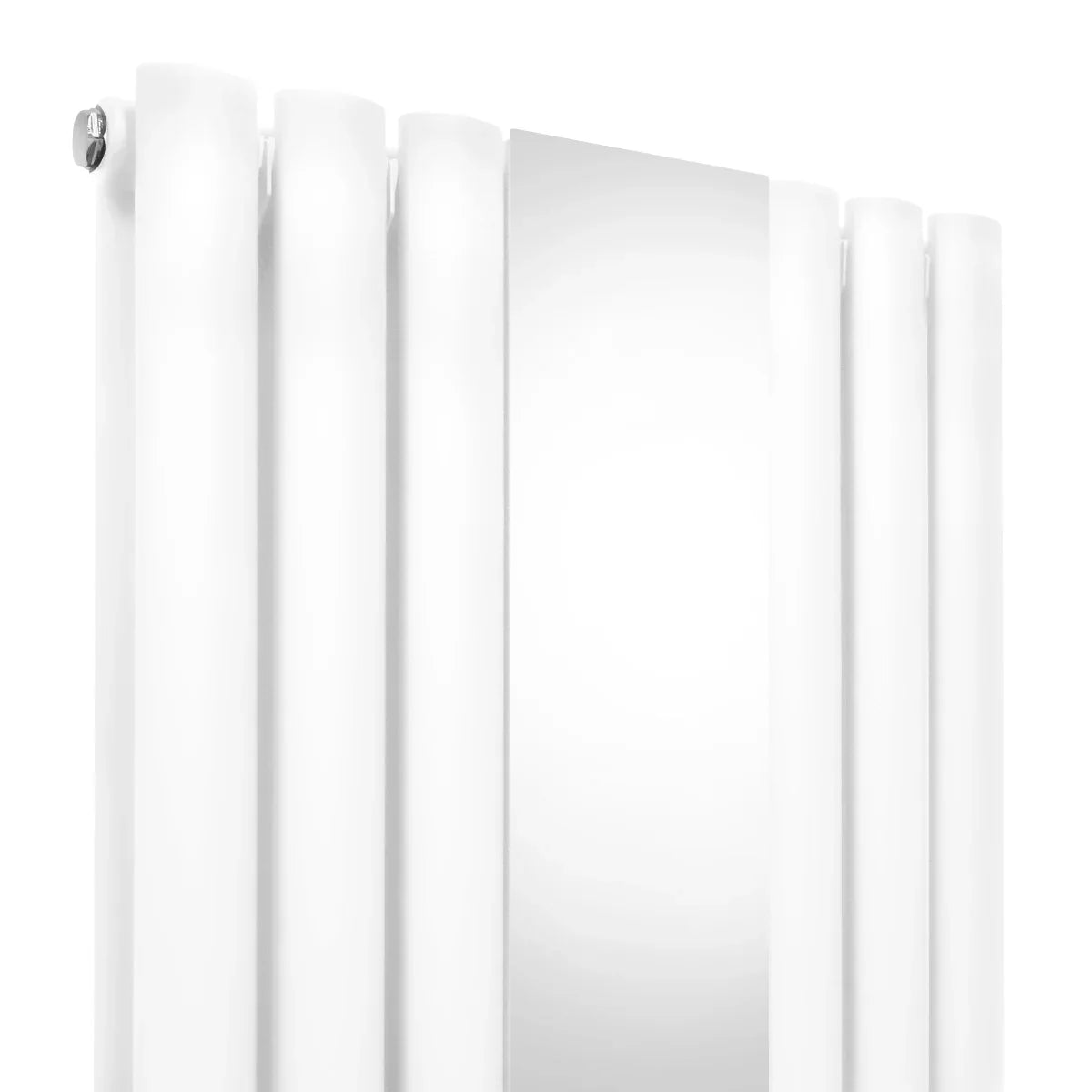 Sleek white oval mirror radiator with smooth, reflective surface and modern valve design, measuring 1800mm x 500mm