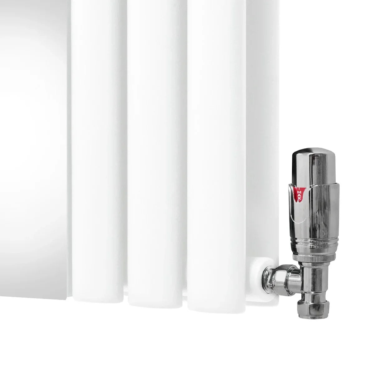 White oval mirror radiator with chrome valve, featuring sleek vertical panels and a modern design, ideal for contemporary spaces