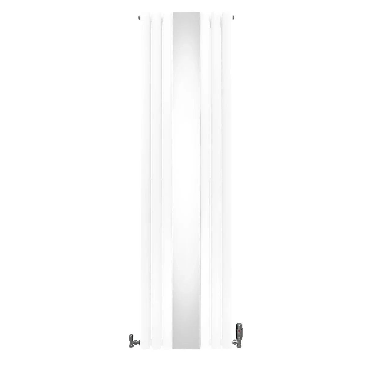 Sleek white oval mirror radiator with vertical design, measuring 1800mm x 500mm, featuring modern valves for efficient heating
